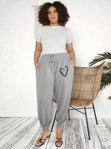 SHEIN CURVE+ 大尺碼女性愛心印花束口褲 - 淺灰色 - 查看 1