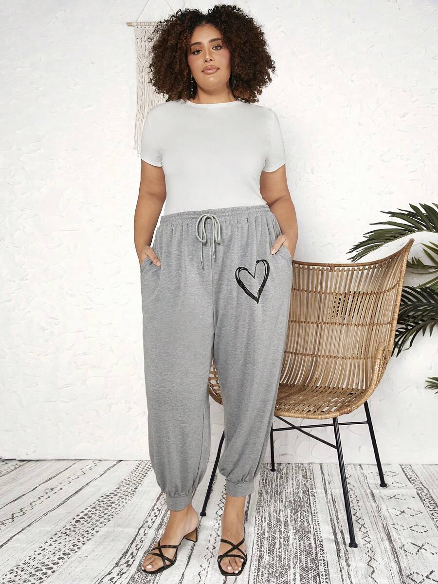 SHEIN CURVE+ 大尺碼女性愛心印花束口褲 - 淺灰色 - 查看 1