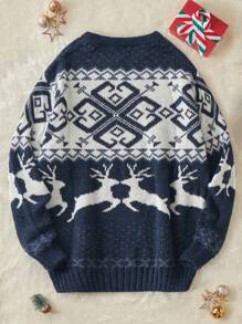 RueChic Men'S Geometric & Reindeer Pattern Sweater - Navy Blue - View 2