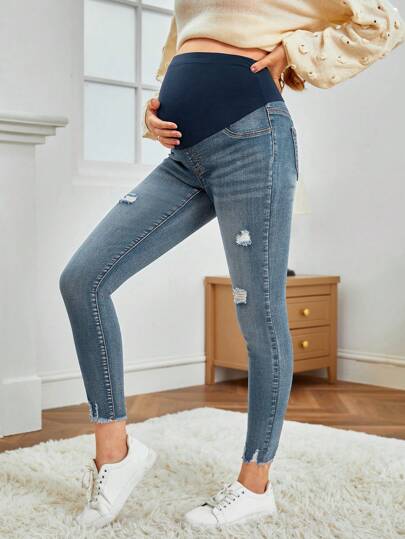 SHEIN Jeans De Maternidad Con Cinturón, Diseño Rasgado Y Cintura Ajustable