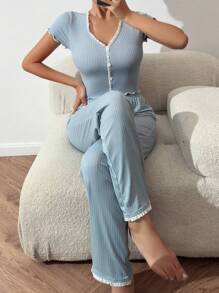 SHEIN Women's Lace Contrast Mesh Short Sleeve Top & Pants Pajama Set Bridallingerie - White - View 1