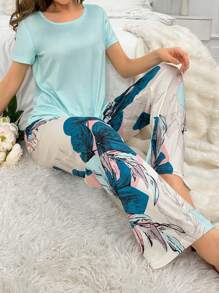 女士純色上衣和花卉印花褲子睡衣套裝 - 薄荷綠 - 查看 5