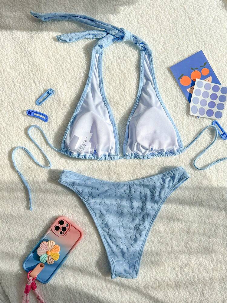 Blue Triangle Cup Halter Neck Bikini Set, Sweet Girl Style Summer Beach