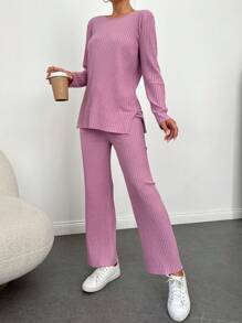 RueChic Solid Split Hem Tee & Pants - Pink - View 4