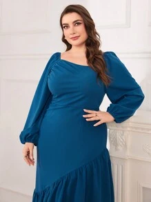 Modelyn 大码女式不对称荷叶边下摆灯笼袖连衣裙，婚礼宾客礼服长款女装 - 藍色 - 查看 5