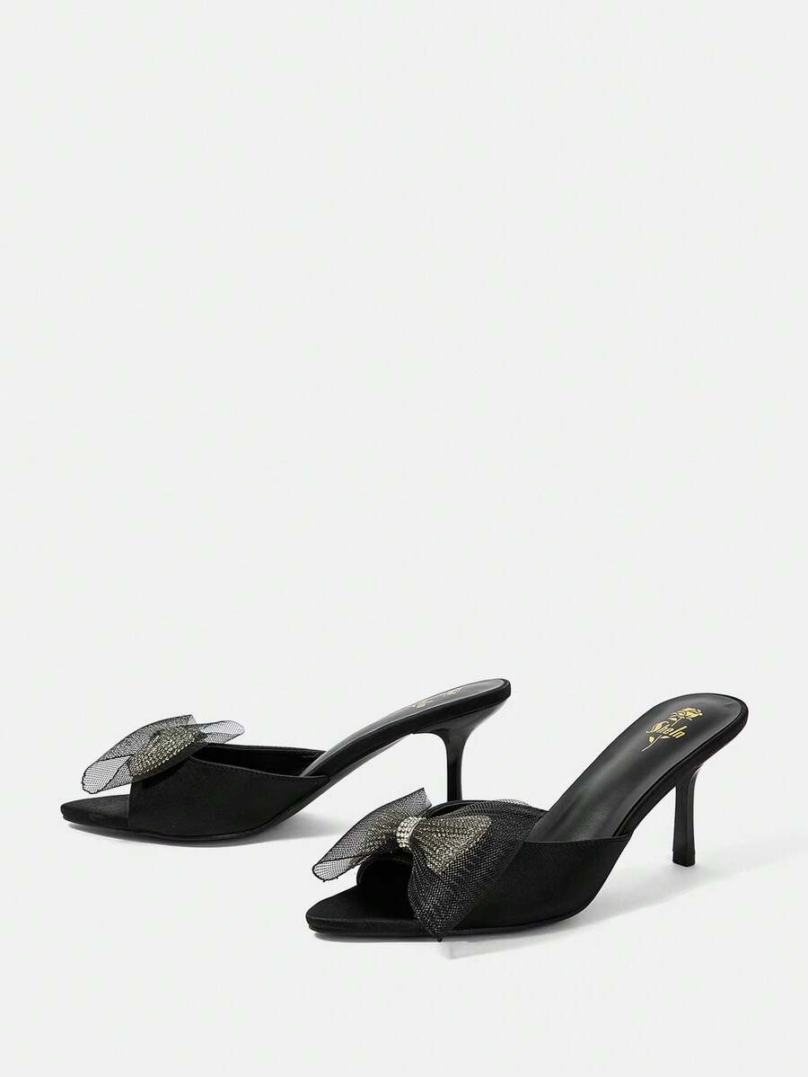 CUCCOO CHICEST 網眼蝴蝶結裝飾女士細高跟涼鞋 - 黑色 - 查看 1