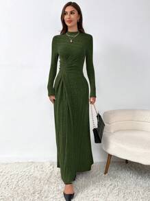 SHEIN Privé 女士皺褶鬆緊針織連衣裙 - 綠色 - 查看 4