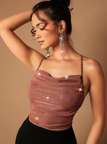 SHEIN BAE Draped Crisscross Backless Ruched Glitter Cami Top - Orange - View 4