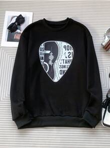 Men's Letter Print Drop Shoulder Round Neck Sweatshirt - Black - View 1