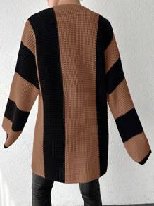 EURMUSE Color-Contrast Stripe Pattern Cardigan Without Belt - Camel - View 2