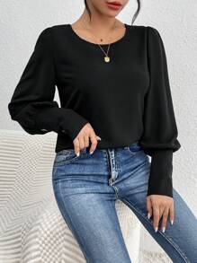 SHEIN Frenchy Của phụ nữ Tay áo dài Áo sơ mi Với Trở lại Ren Vá lại - màu đen - Xem 5
