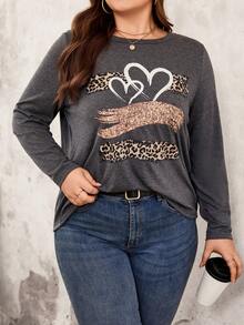 SHEIN LUNE 大尺寸心形和豹紋圖案長袖t恤 - 灰色 - 查看 6