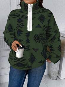 Calvaya 大尺寸女款毛絨衛衣,幾何圖案和拼色細節 - 綠色 - 查看 5