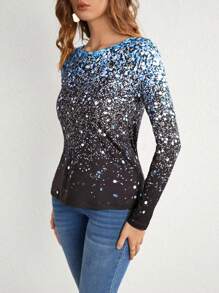 SHEIN LUNE Ladies' Printed Long Sleeve T-Shirt - Blue - View 5