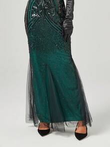 Vestido largo estilo vintage con cola de pez, patchwork de malla y lentejuelas