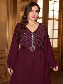 Modelyn Burgundy Red Plus Size V-Neck Long Sleeve Dress With Rhinestone Decoration