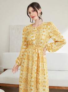Modelyn Allover Print Ruffle Hem Belted Dress - Yellow - View 6