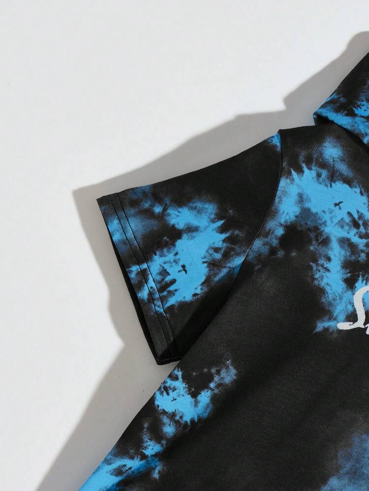2pcs Young Boy Tie-Dye Letter Printed Short Sleeve Hooded Top And Jogger Pants