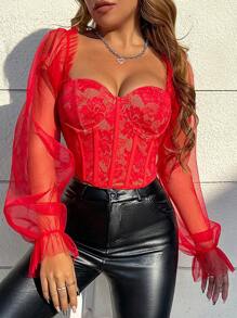 Allurite Women's Off Shoulder Lace Top With Ruffle Sleeve Detail For New Year Holiday Party Clothes Fall Cloth For Women - Red - View 5