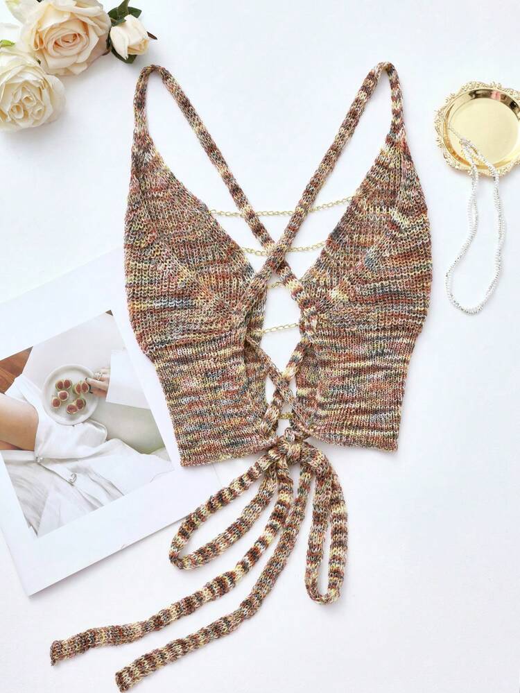 Plus Size Women's Stylish Knitted Top With Chain Decoration And Tie