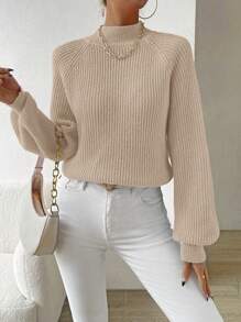 SHEIN Essnce 女款立領插肩袖長袖毛衣套頭衫 - 杏色 - 查看 1