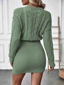 SHEIN Essnce 圓領長袖針織毛衣裙 - 綠色 - 查看 2