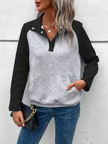 SHEIN LUNE 女款拼色插肩袖運動衫 - 黑色 - 查看 5