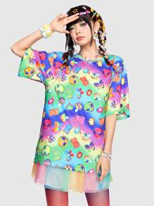 ROMWE Kawaii Women's Alien Pattern Ombre Short Sleeve T-Shirt - Multicolor - View 1