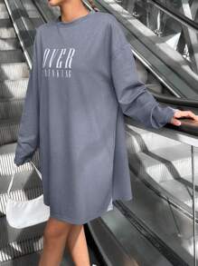 EURMUSE Letter Graphic Drop Shoulder Tee Dress - Grey - View 4