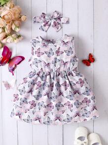 嬰幼兒女孩蝴蝶印花無袖裙套裝,附頭帶 - 彩色 - 查看 1