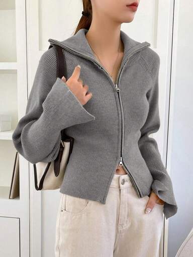 DAZY Cardigan à manches raglan et fermeture éclair, cardigan femme casual à manches raglan et fermeture éclair pour la fin de l'automne, col régulier, gris foncé uni, porter au quotidien, Top à manches longues, veste
