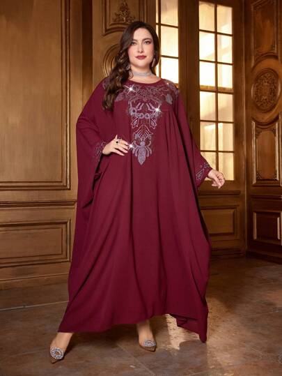 Layrah Burgundy Red Plus Size Women'S Batwing Sleeve Kaftan Dress With Rhinestone Decoration, Elegant Luxury Evening Party Style