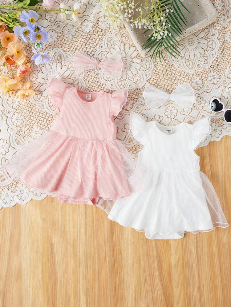 Baby Girls' Leisure Knitted Plain Mesh Panel Open Crotch Bodysuit With Headband 4pcs Set