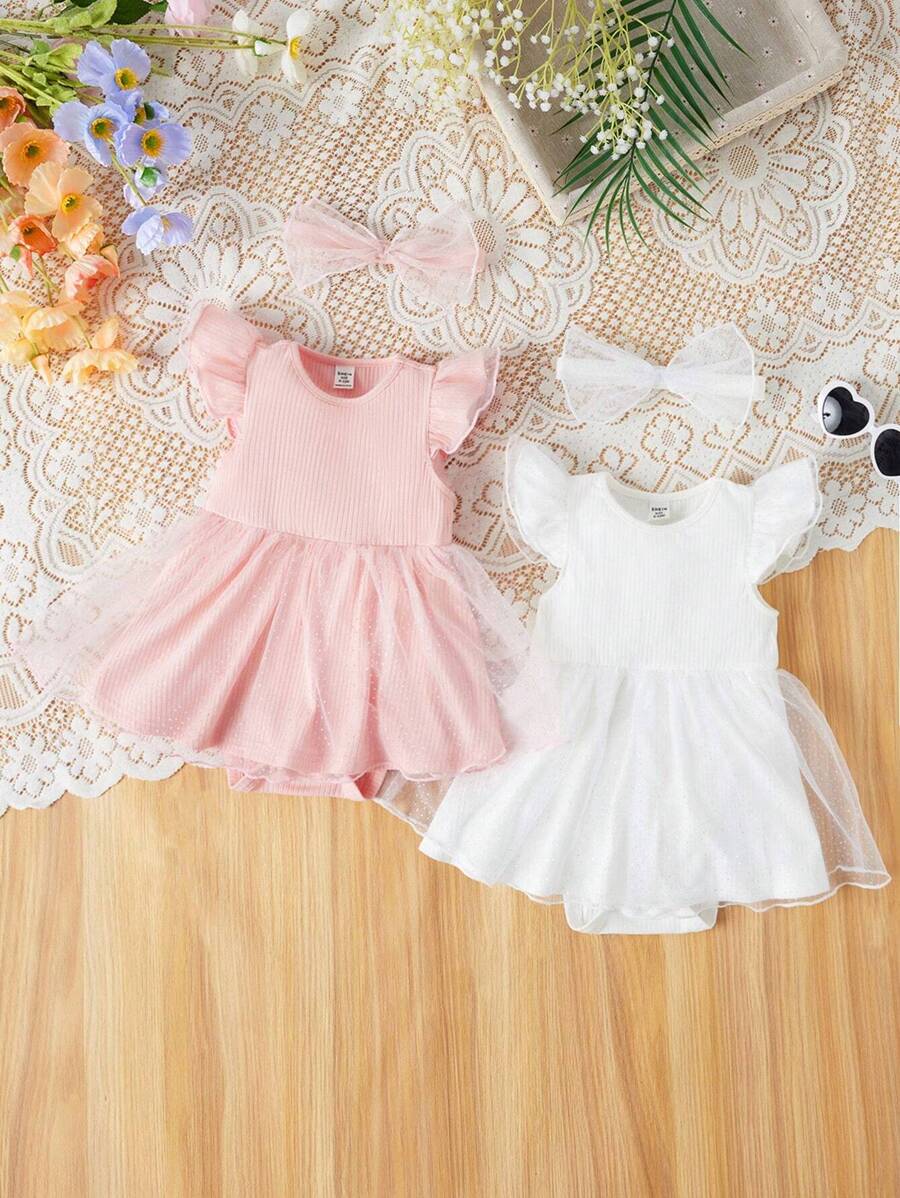 SHEIN Baby Girls' Leisure Knitted Plain Mesh Panel Open Crotch Bodysuit With Headband 4pcs Set - White - View 1