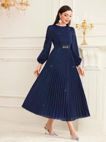 Modelyn Women's Solid Color Classic Elegant Pleated Dress - Blue - View 1