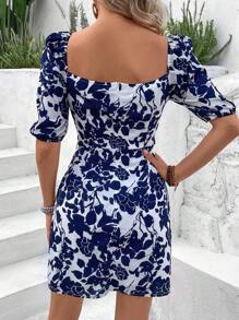 SHEIN VCAY Floral Print Hollow Out Puff Sleeve Dress - Blue and White - View 2