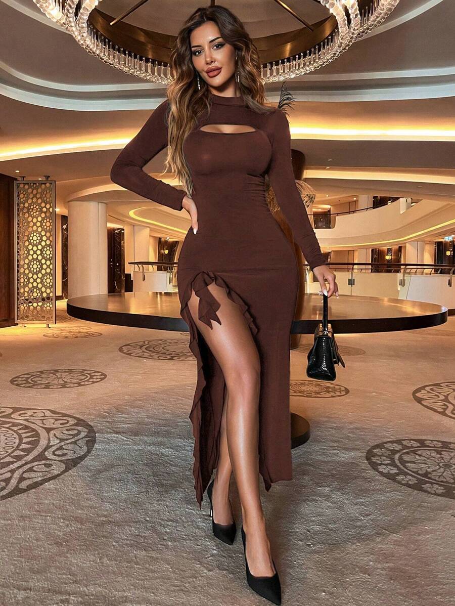 RueChic Women's Hollow Out High Slit Dress - Brown - View 1