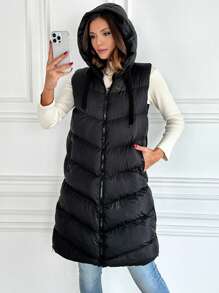 EURMUSE Zip Up Hooded Vest Puffer Coat - Black - View 7