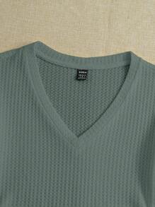 SHEIN EZwear Dệt kim Quý cô Dệt kim Waff Lưới Cổ chữ V Áo thun - Màu xanh Ô liu - Xem 5