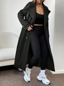 SHEIN EZwear 翻領紐扣長風衣 - 黑色 - 查看 3