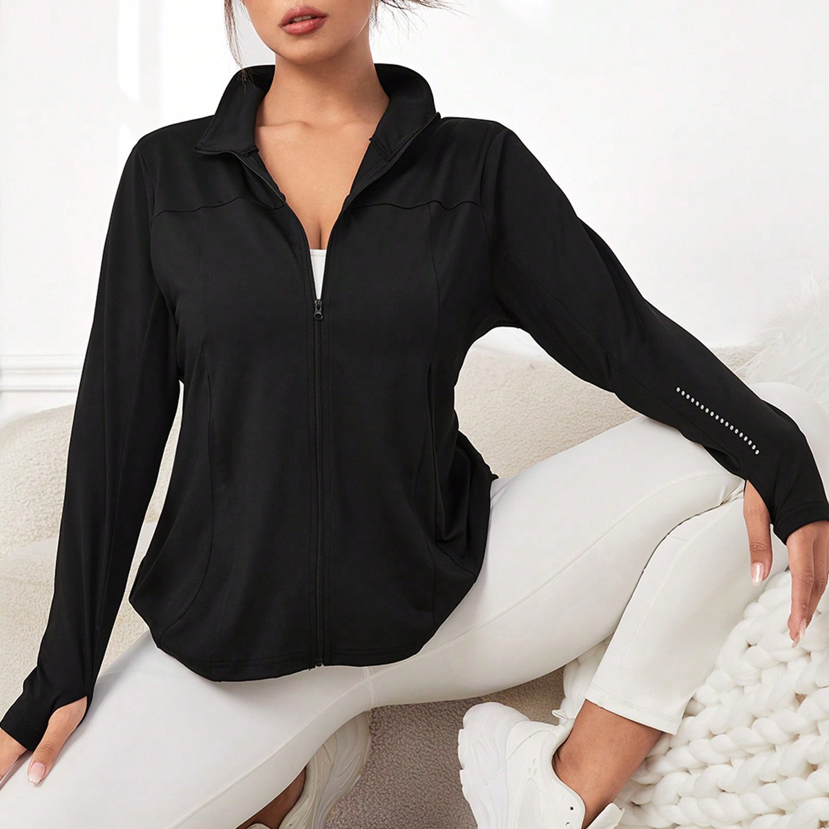 Chaqueta De Talla Grande Con Estampado Reflectante De Lunares, Manga Larga Con Cremallera Y Agujeros Para El Pulgar