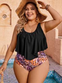 Swim Lushoire 大尺碼女式印花一片式泳衣,雙肩帶 - 彩色 - 查看 3