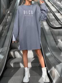 EURMUSE Letter Graphic Drop Shoulder Tee Dress - Grey - View 5