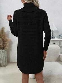 SHEIN LUNE Vestido Tipo Suéter Con Mangas Raglán Y Cuello Alto De Color Liso Para Mujer - Negro - Ver 2