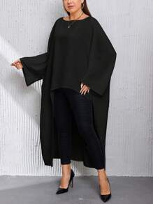 SHEIN Privé Plus Size Asymmetric Hem Batwing Sleeve Long Blouse - Black - View 6