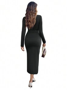 圓領修身鏤空性感洋裝 - 黑色 - 查看 2