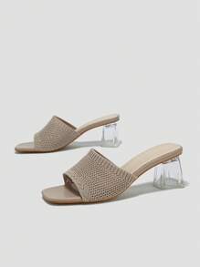 女性粗跟/中跟鞋拖鞋,透氣針織中空高跟夏天涼鞋