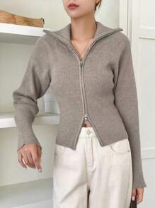 DAZY Cardigan casual/business con chiusura lampo e collo alto, tinta unita, autunno/inverno, maniche lunghe, giacca da donna - Cachi - Visualizzare 4