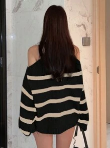 DAZY 女士条纹露肩宽松套头衫，秋冬 - 黑色 - 查看 2