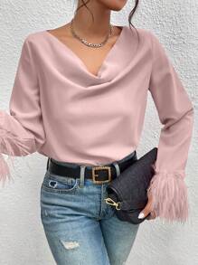 Chiquease 女士抽繩式毛茸茸拼接襯衫,配袖口 - 粉色 - 查看 3